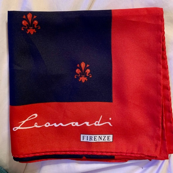 100% Silk Scarf by Leonardi Firenze Italy Red & Navy 30x30" - Picture 2 of 2